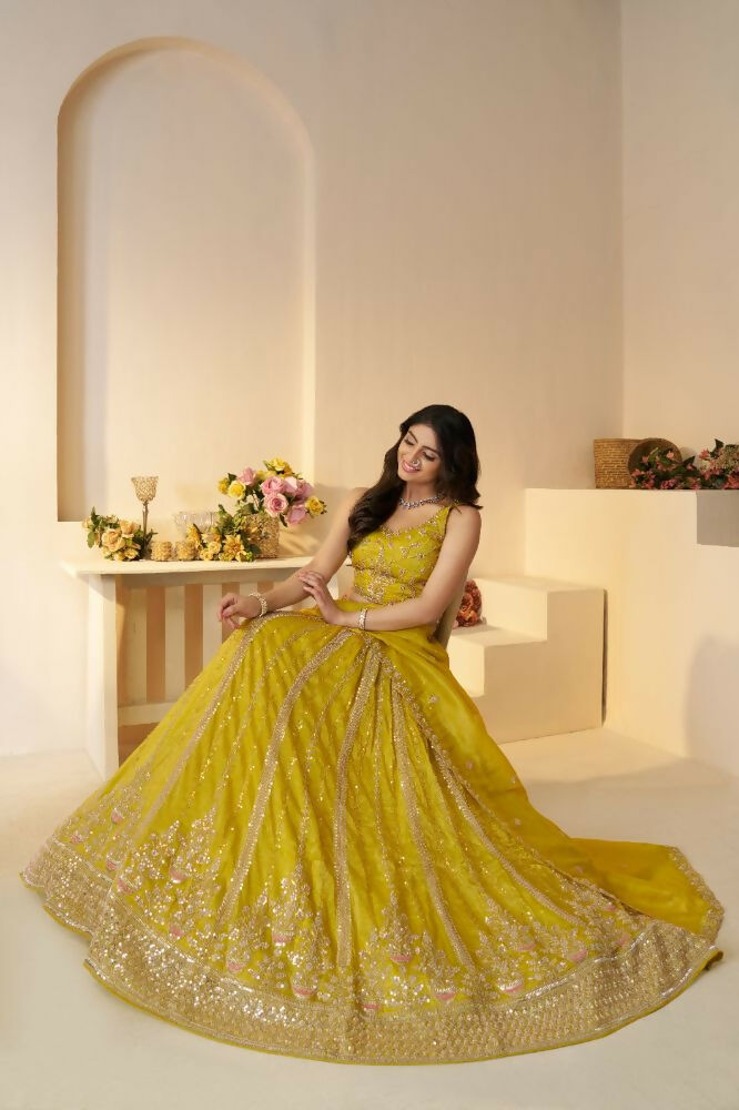 Kesar Fab Yellow Jimmy Choo Hand_Woven Lehenga | Grocsy