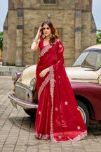 Vastranavya Red Embroidery Work Shimmer Chiffon Saree with Unstitched Blouse | Grocsy