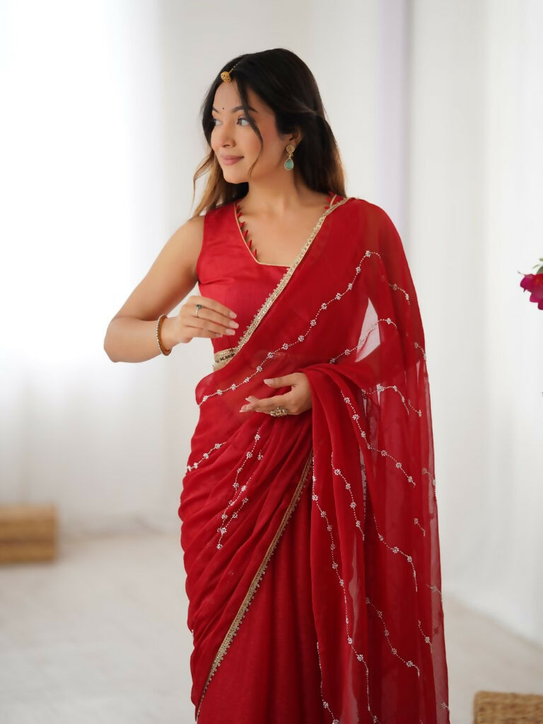 Red Sitara Chiffon Designer Beads Moti,Val Sequence Work Saree - Noorie | Grocsy