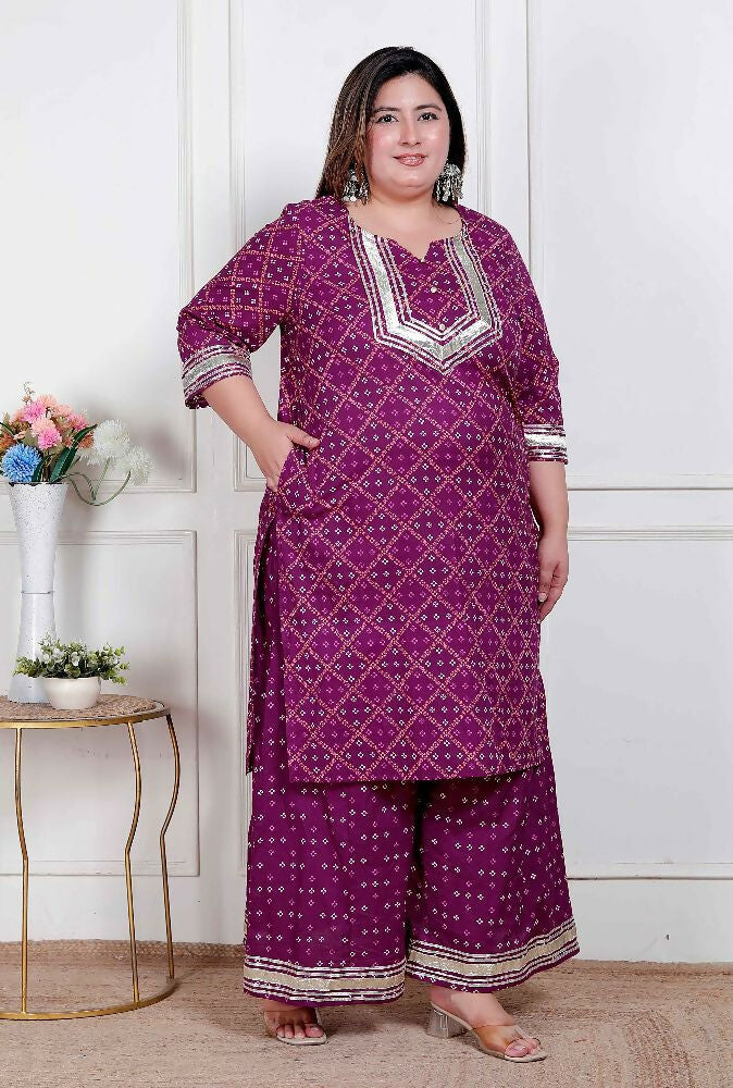 Miravan Plus Size Women Cotton Magenta Gota Work Kurta With Flared Palazzo | Grocsy