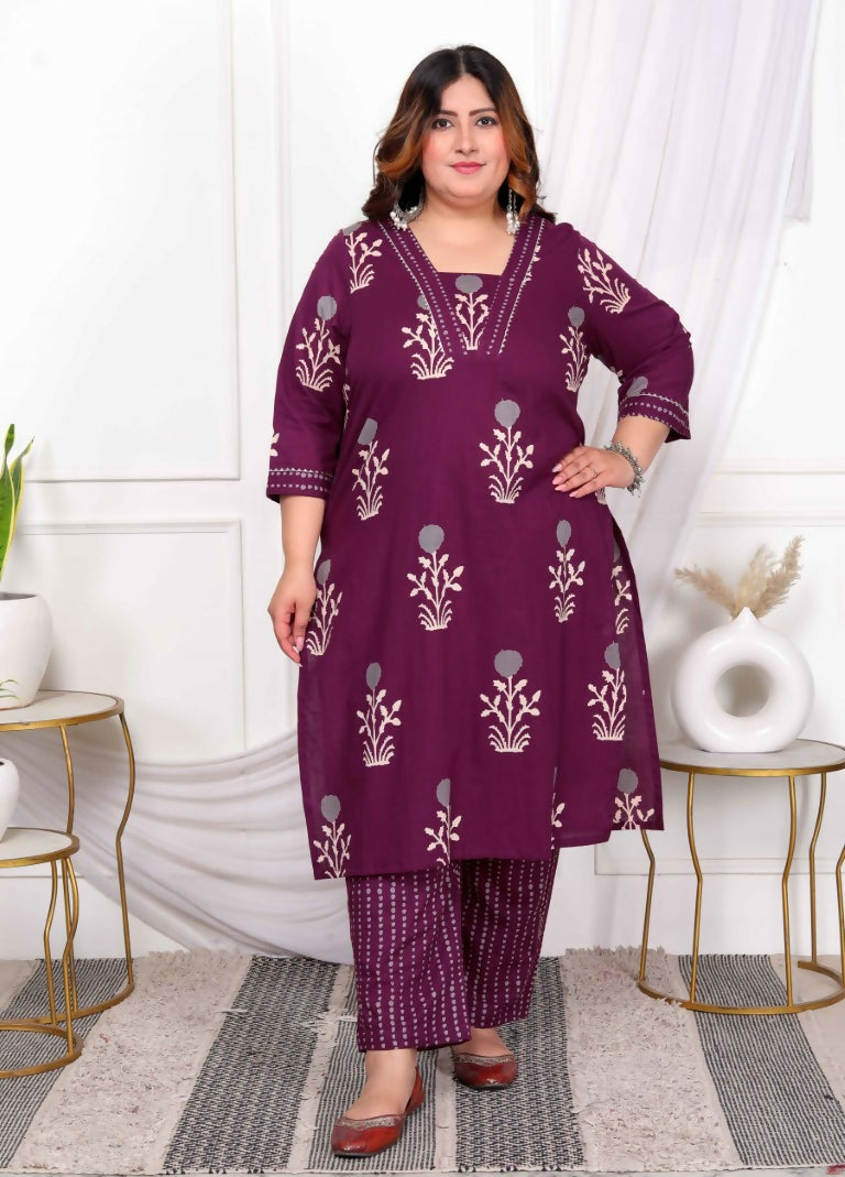 Miravan Women's Plus Size Cotton Fabric Purple Kurta With Palazzo | Grocsy