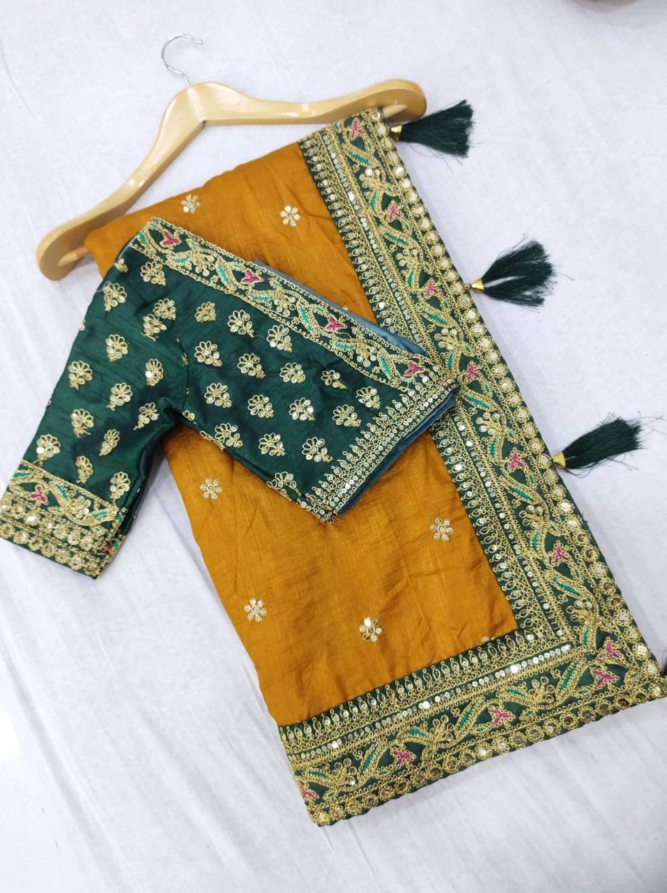 Vamika Mustard Royal Vichitra Silk Sequins,Coding And Thread Multi Work And Havy Work Border Saree | Grocsy