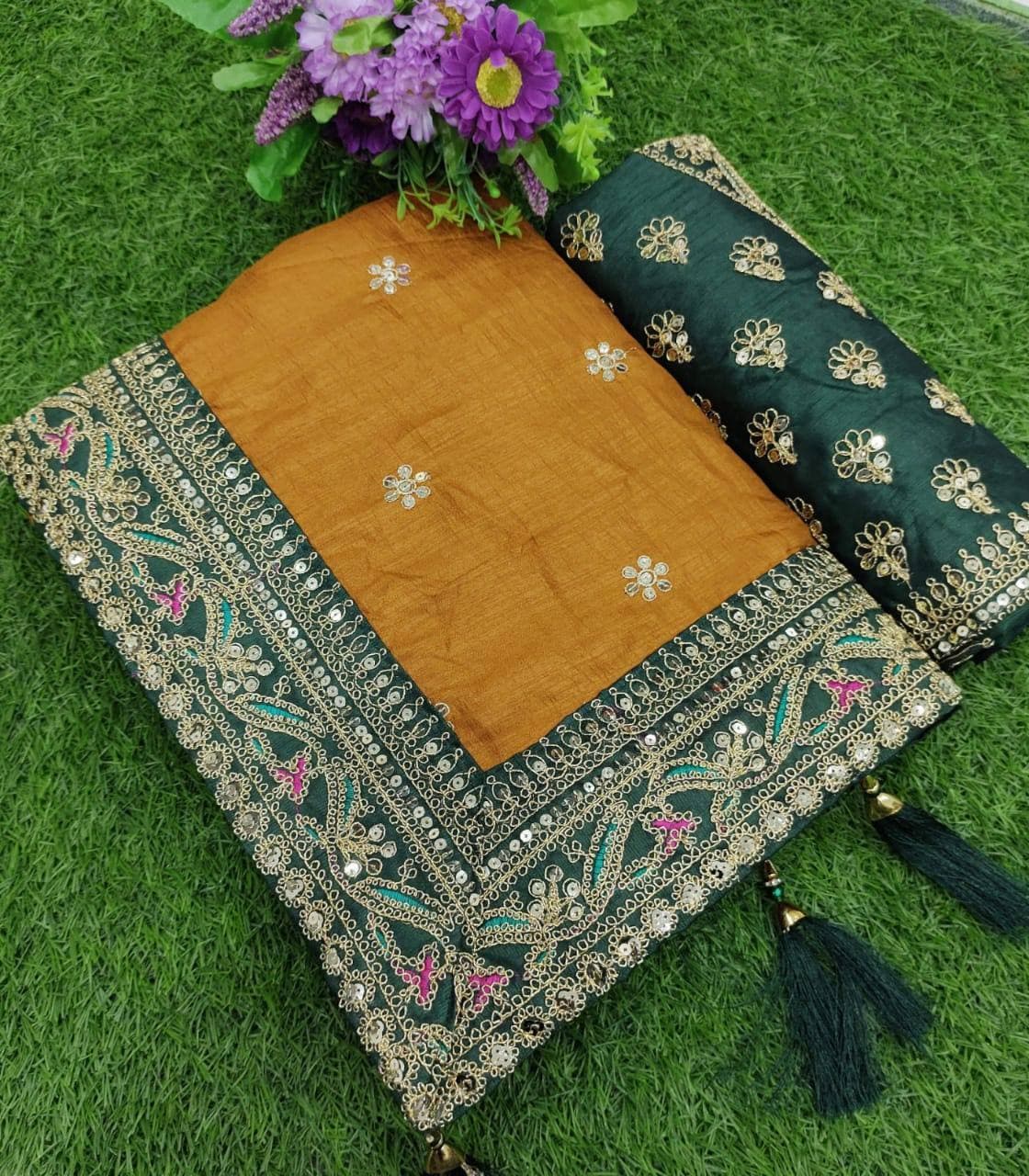Vamika Mustard Royal Vichitra Silk Sequins,Coding And Thread Multi Work And Havy Work Border Saree | Grocsy