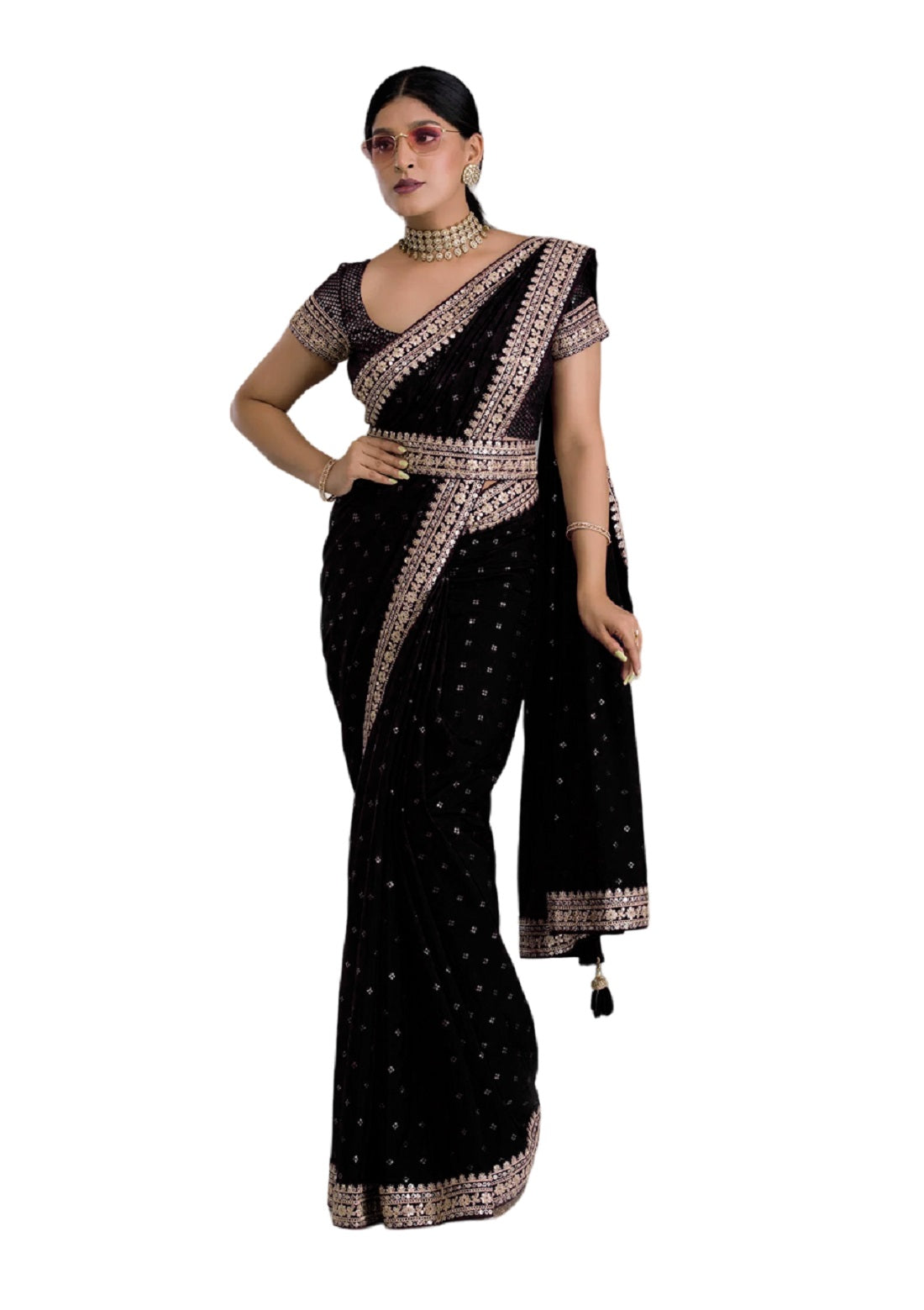 Vamika Black Chinon Zari Embroidery With Sequins Saree | Grocsy