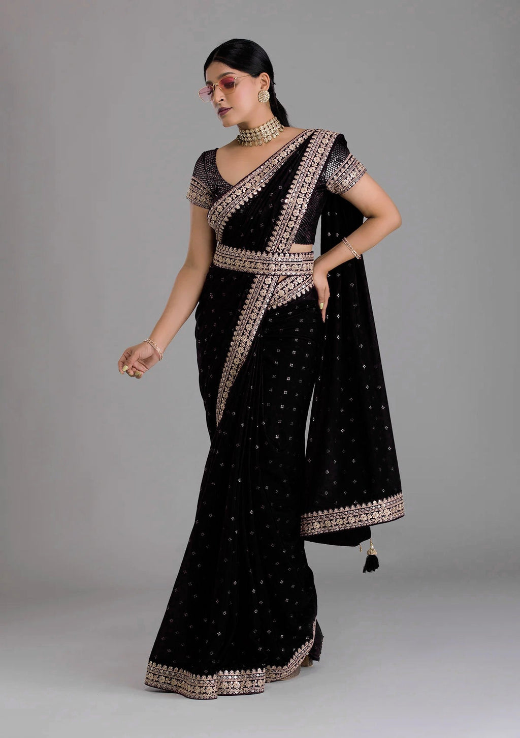 Vamika Black Chinon Zari Embroidery With Sequins Saree | Grocsy