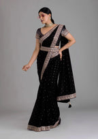 Vamika Black Chinon Zari Embroidery With Sequins Saree | Grocsy