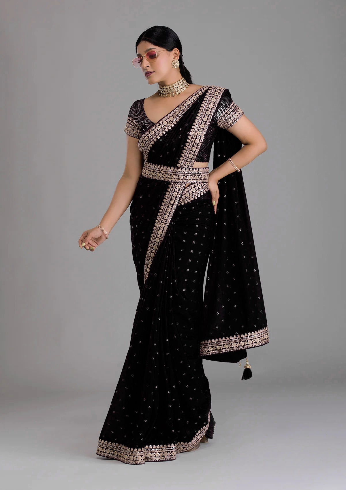 Vamika Black Chinon Zari Embroidery With Sequins Saree | Grocsy