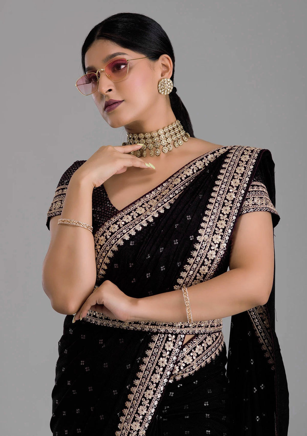 Vamika Black Chinon Zari Embroidery With Sequins Saree | Grocsy