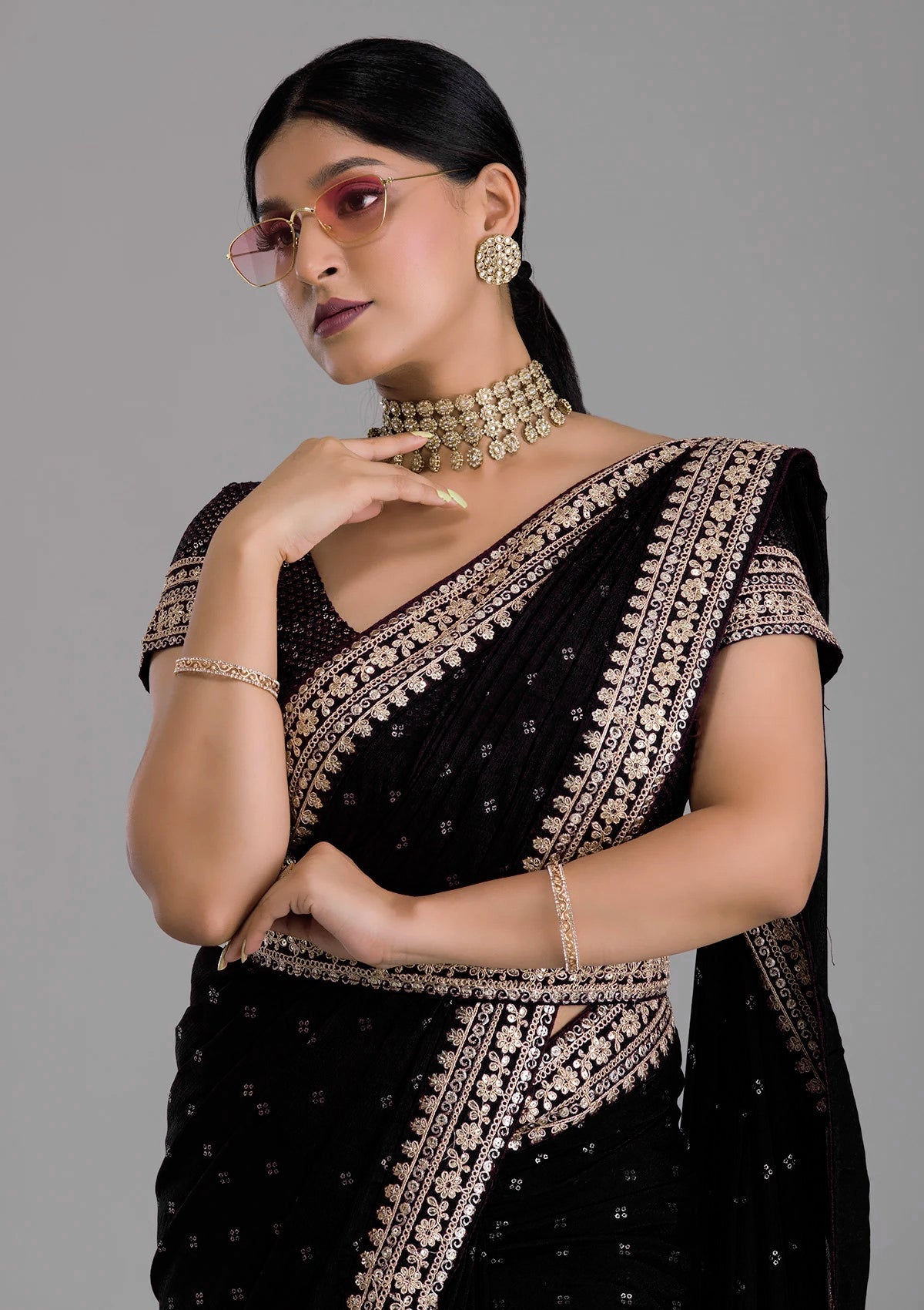 Vamika Black Chinon Zari Embroidery With Sequins Saree | Grocsy
