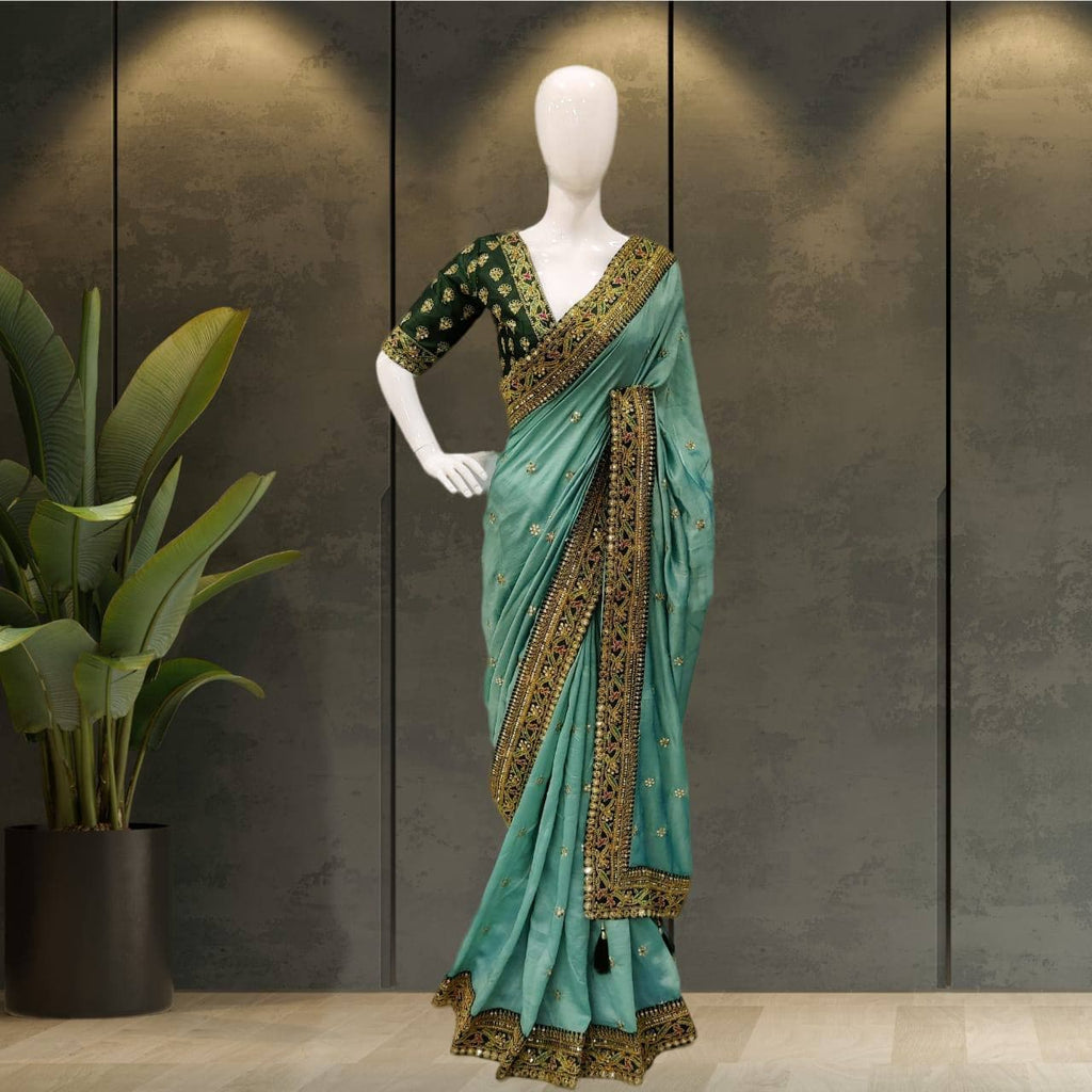 Vamika Sky Royal Vichitra Silk Sequins,Coding And Thread Multi Work And Havy Work Border Saree | Grocsy