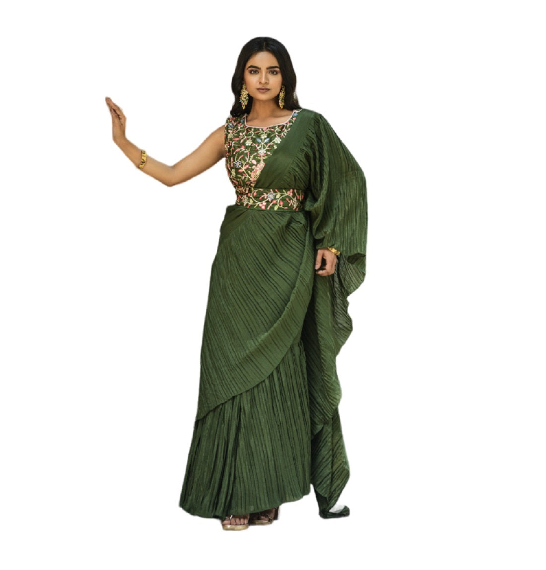 Vamika Olive Green Chinon Half Side Crush Work Saree | Grocsy