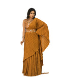 Vamika Mustard Chinon Half Side Crush Work Saree | Grocsy