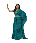 Vamika Aqua Blue Chinon Half Side Crush Work Saree | Grocsy