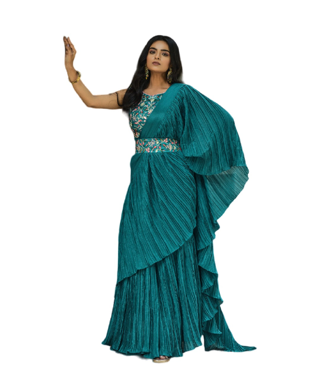 Vamika Aqua Blue Chinon Half Side Crush Work Saree | Grocsy
