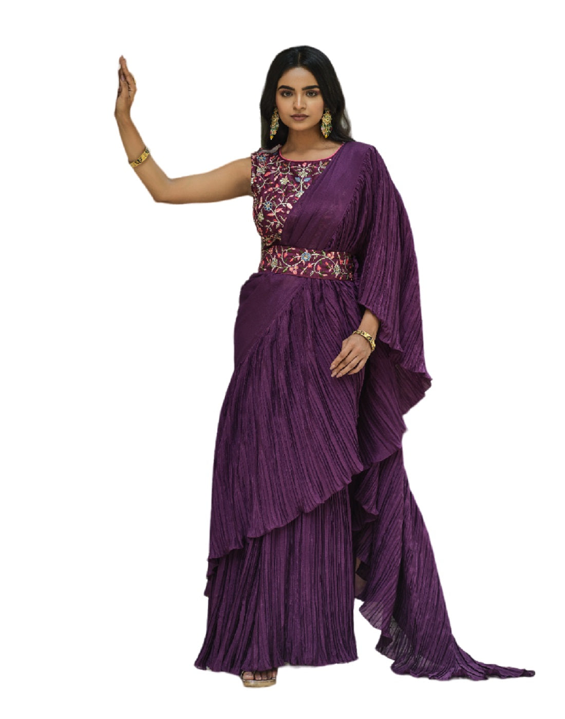 Vamika Purple Chinon Half Side Crush Work Saree | Grocsy