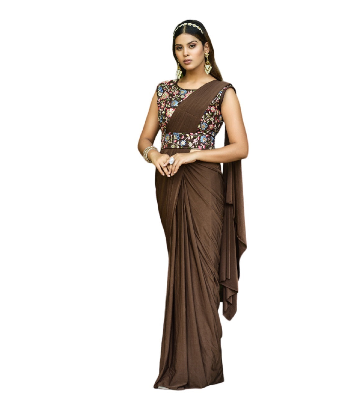 Vamika Brown Women Ready To Wear Lycra Saree With Heavy Multi Sequins Work Blouse | Grocsy