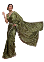 Vamika Olive Green Satin Sequins Embroidery Lace Saree | Grocsy