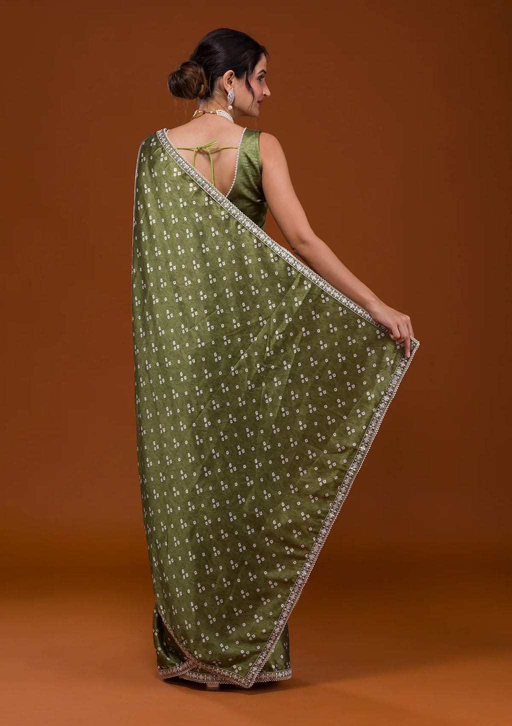 Vamika Olive Green Satin Sequins Embroidery Lace Saree | Grocsy