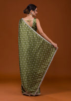 Vamika Olive Green Satin Sequins Embroidery Lace Saree | Grocsy