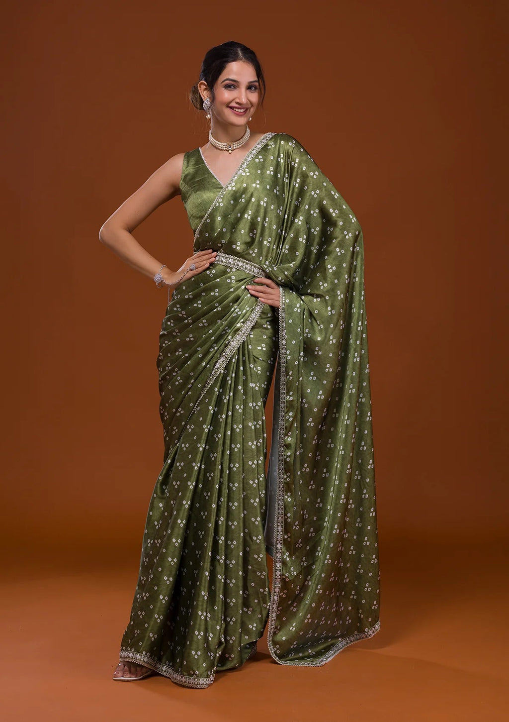Vamika Olive Green Satin Sequins Embroidery Lace Saree | Grocsy