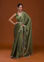 Vamika Olive Green Satin Sequins Embroidery Lace Saree | Grocsy