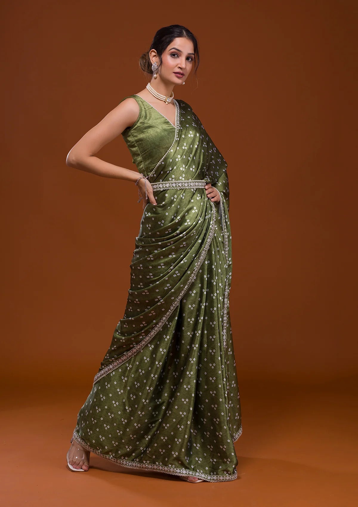 Vamika Olive Green Satin Sequins Embroidery Lace Saree | Grocsy