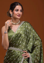 Vamika Olive Green Satin Sequins Embroidery Lace Saree | Grocsy
