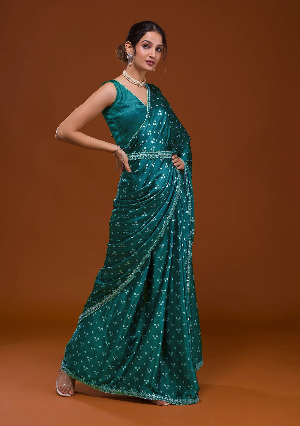 Vamika Aqua Blue Satin Sequins Embroidery Lace Saree | Grocsy
