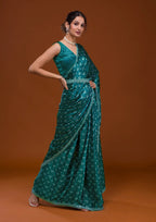 Vamika Aqua Blue Satin Sequins Embroidery Lace Saree | Grocsy