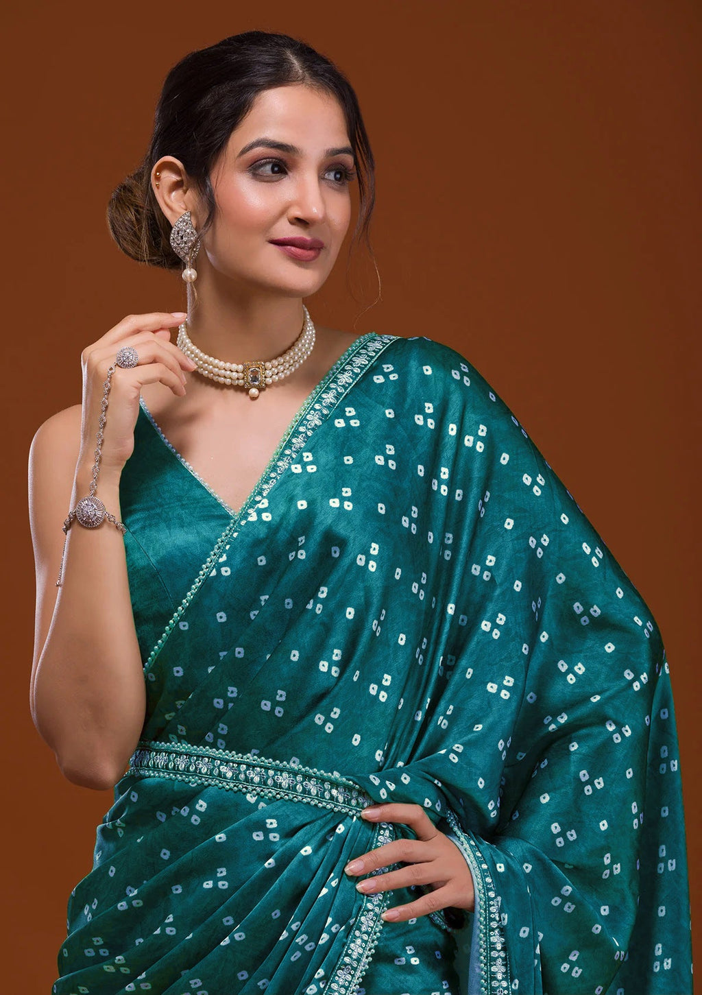 Vamika Aqua Blue Satin Sequins Embroidery Lace Saree | Grocsy