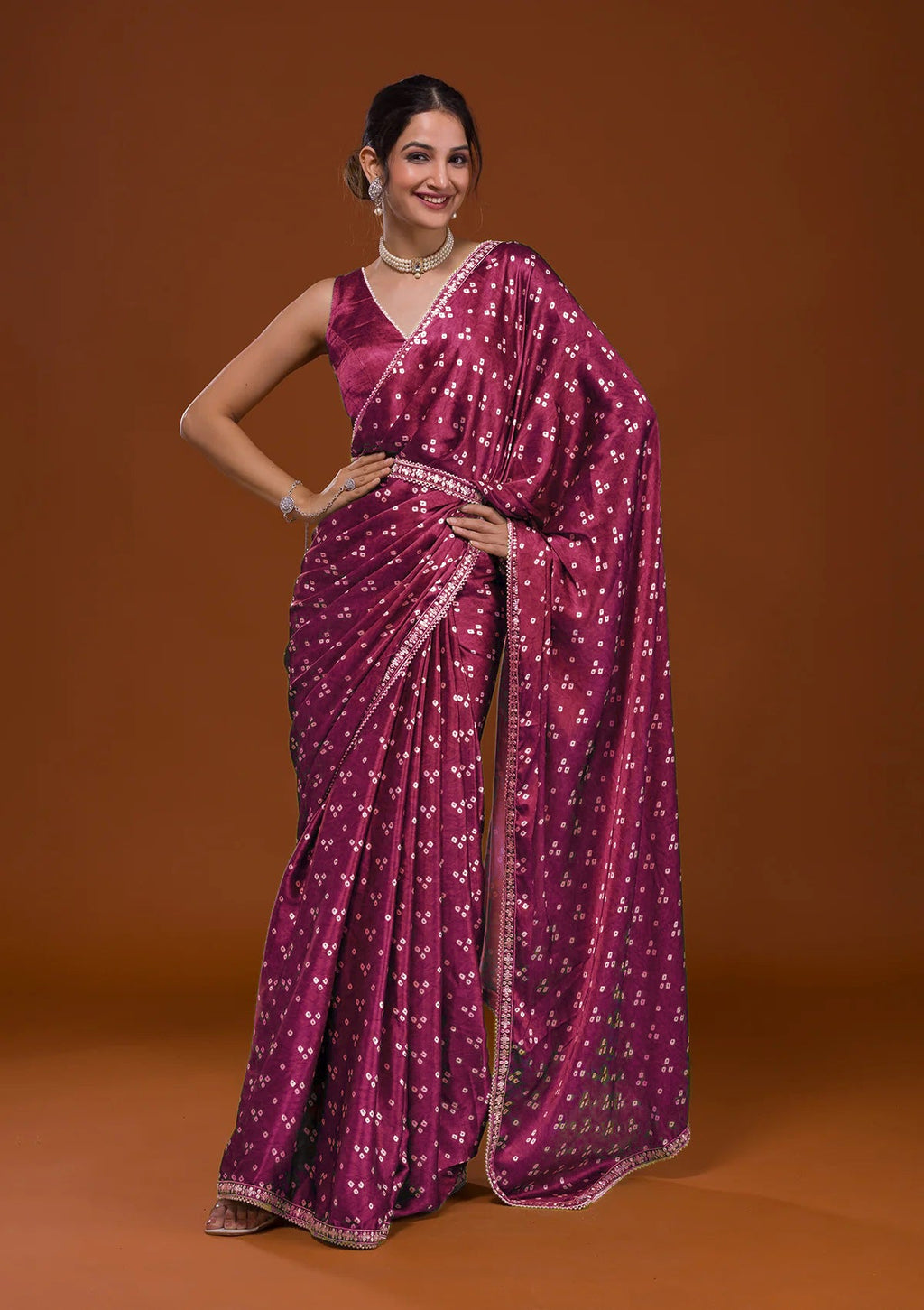 Vamika Pink Satin Sequins Embroidery Lace Saree | Grocsy