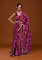 Vamika Pink Satin Sequins Embroidery Lace Saree | Grocsy