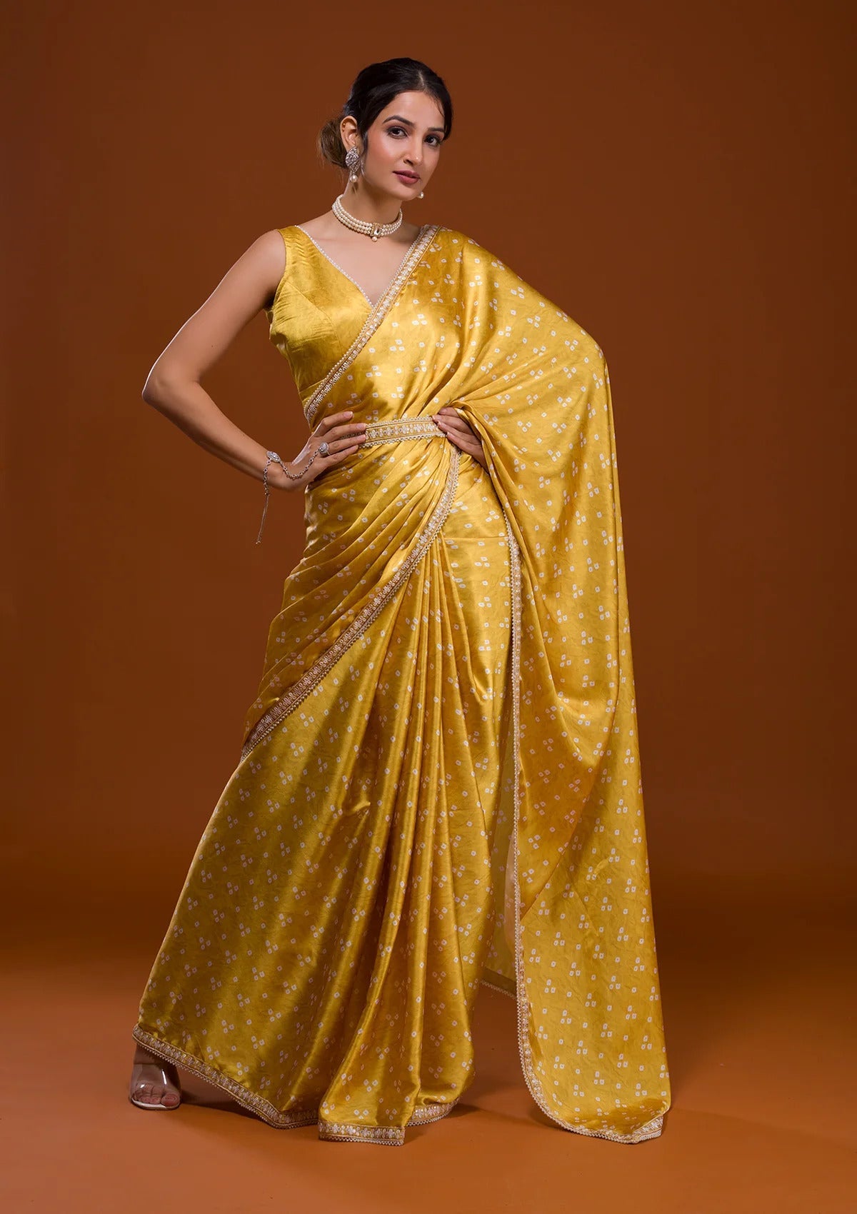 Vamika Yellow Satin Sequins Embroidery Lace Saree | Grocsy