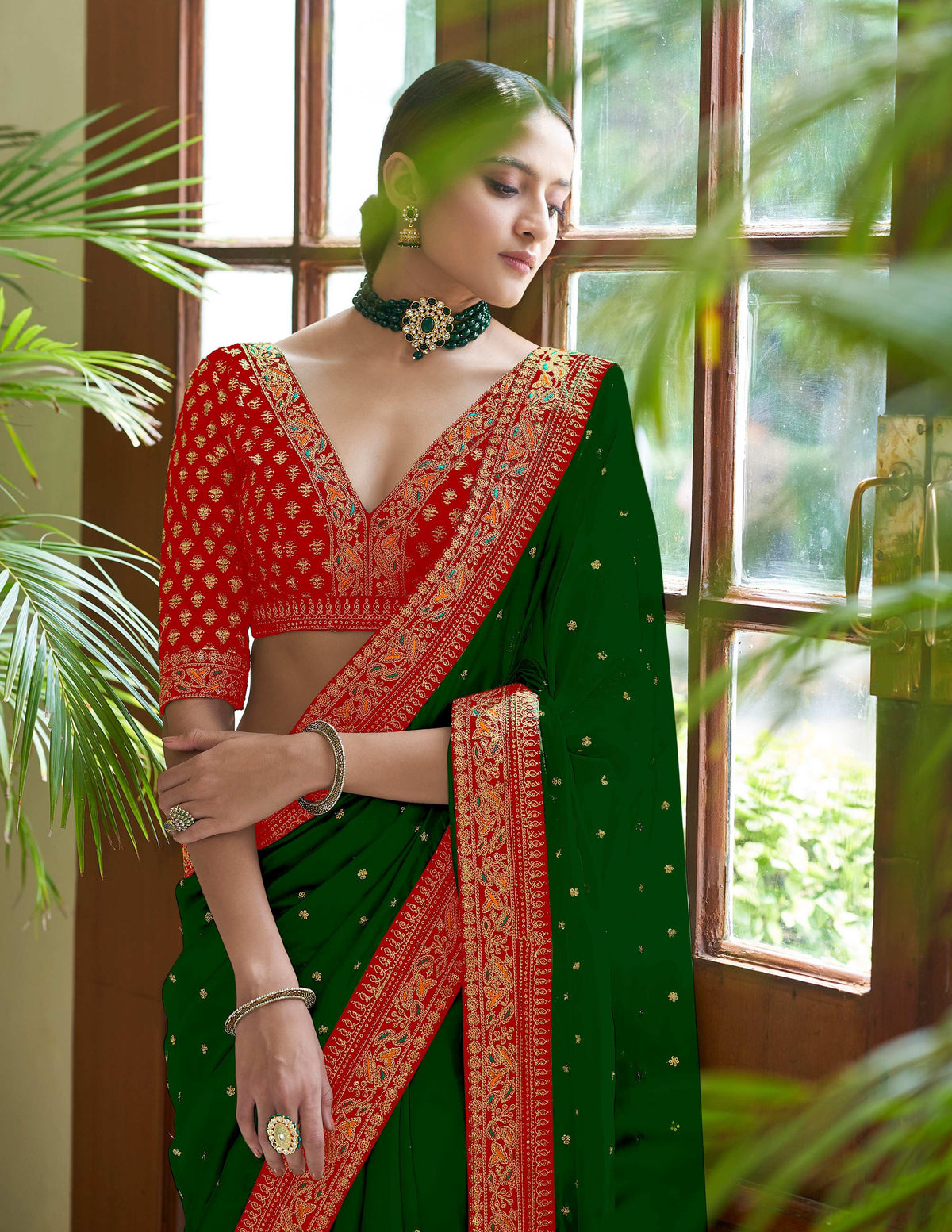 Vamika Green Royal Vichitra Silk Sequins,Coding And Thread Multi Work And Havy Work Border Saree | Grocsy