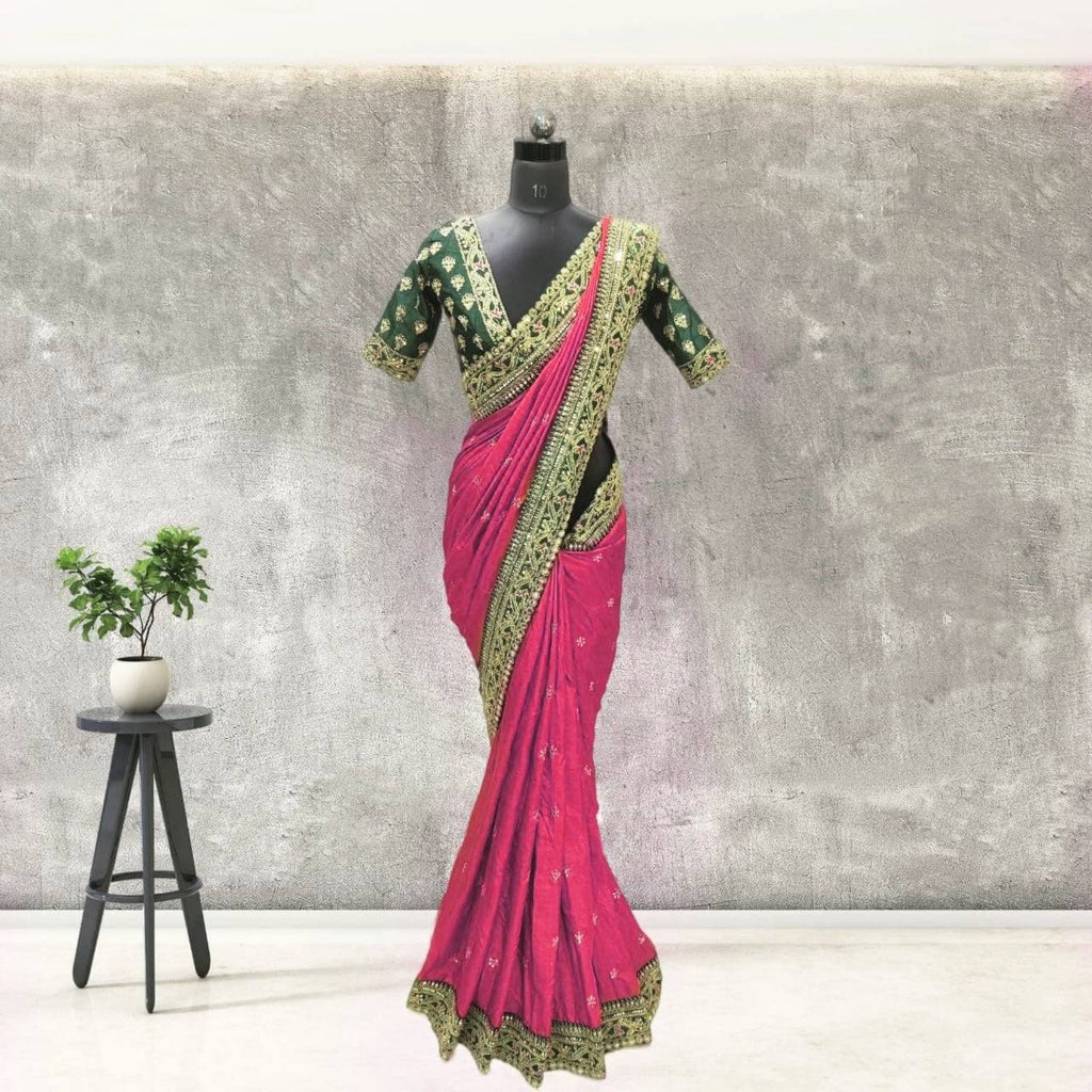 Vamika Pink Royal Vichitra Silk Sequins,Coding And Thread Multi Work And Havy Work Border Saree | Grocsy