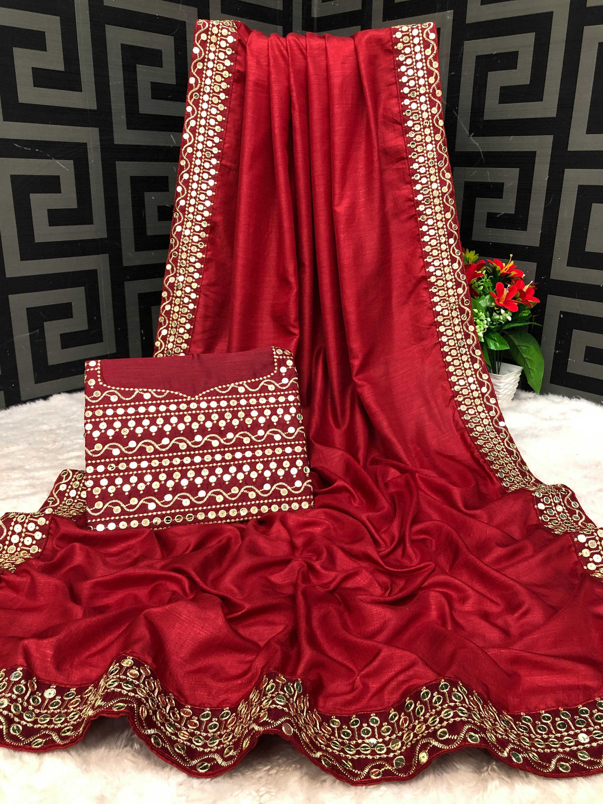 Vamika Maroon Bengalori Silk Embroidery With Sequence Work Saree | Grocsy