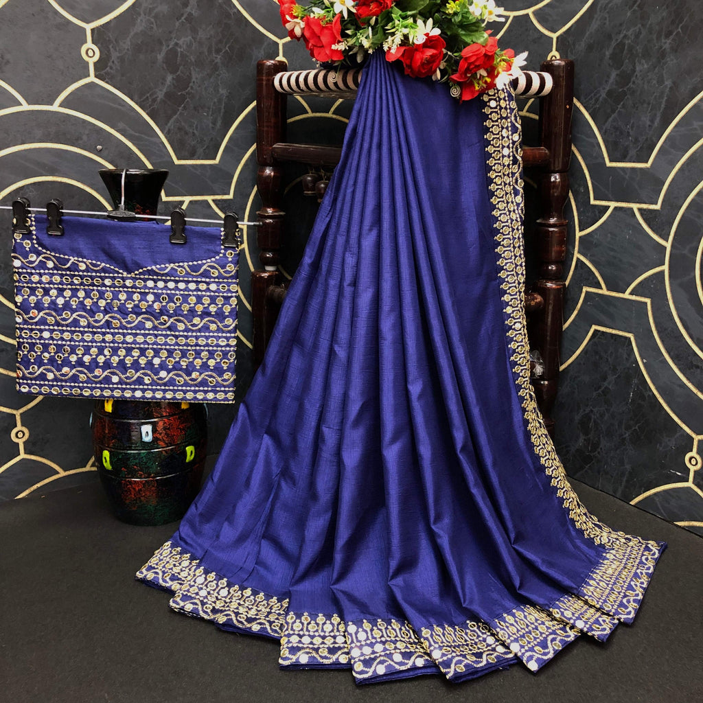 Vamika Blue Bengalori Silk Embroidery With Sequence Work Saree | Grocsy