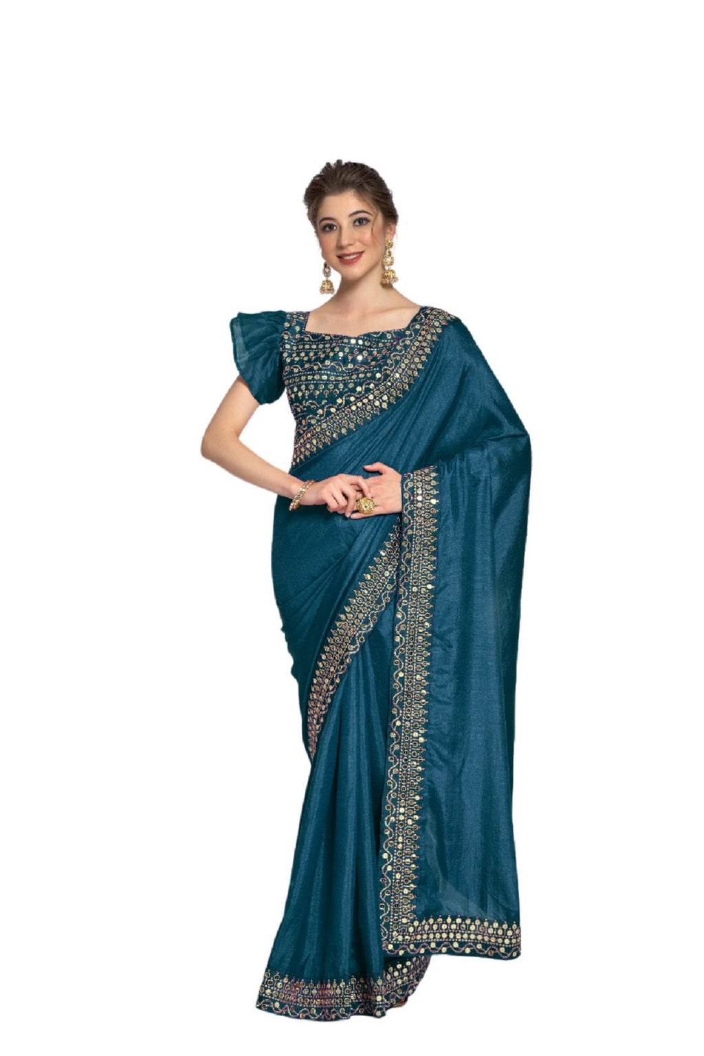 Vamika Aqua Blue Bengalori Silk Embroidery With Sequence Work Saree | Grocsy
