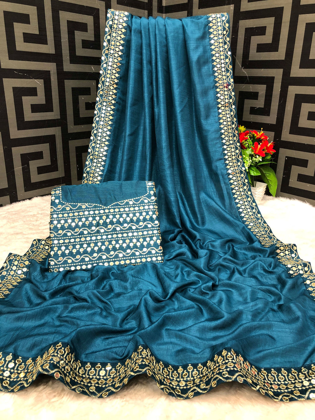 Vamika Aqua Blue Bengalori Silk Embroidery With Sequence Work Saree | Grocsy