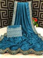Vamika Aqua Blue Bengalori Silk Embroidery With Sequence Work Saree | Grocsy