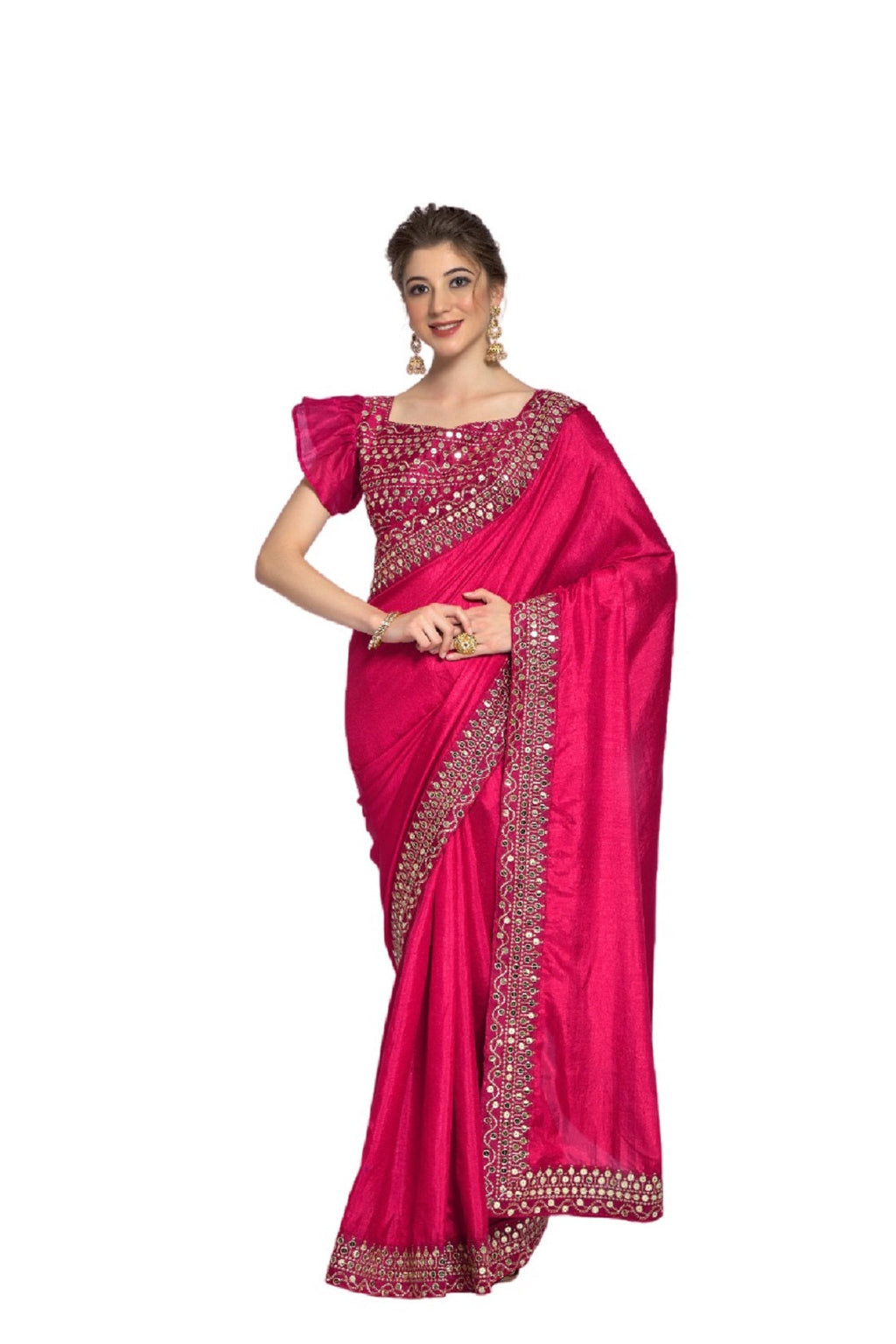 Vamika Pink Bengalori Silk Embroidery With Sequence Work Saree | Grocsy