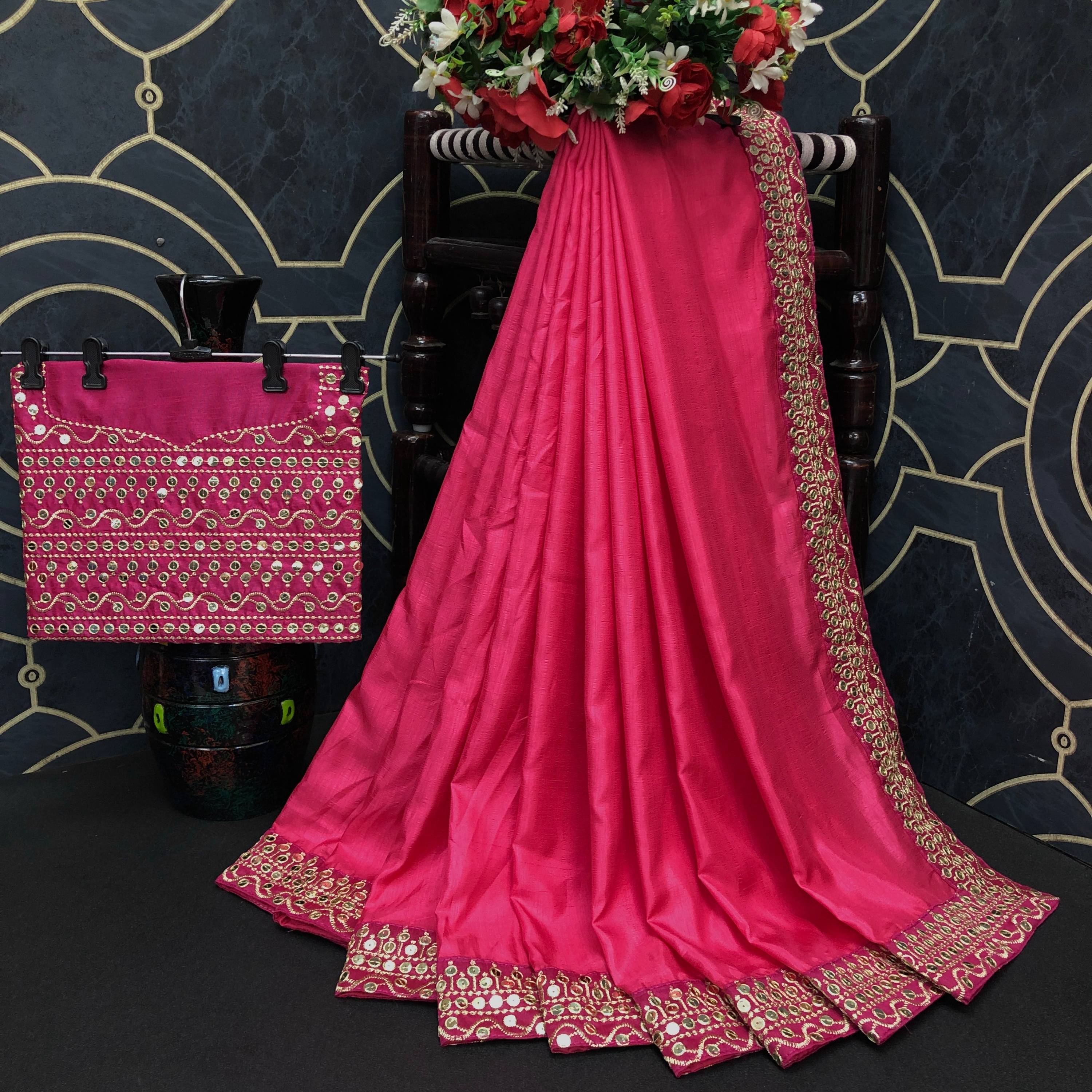Vamika Pink Bengalori Silk Embroidery With Sequence Work Saree | Grocsy