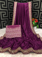 Vamika Purple Bengalori Silk Embroidery With Sequence Work Saree | Grocsy