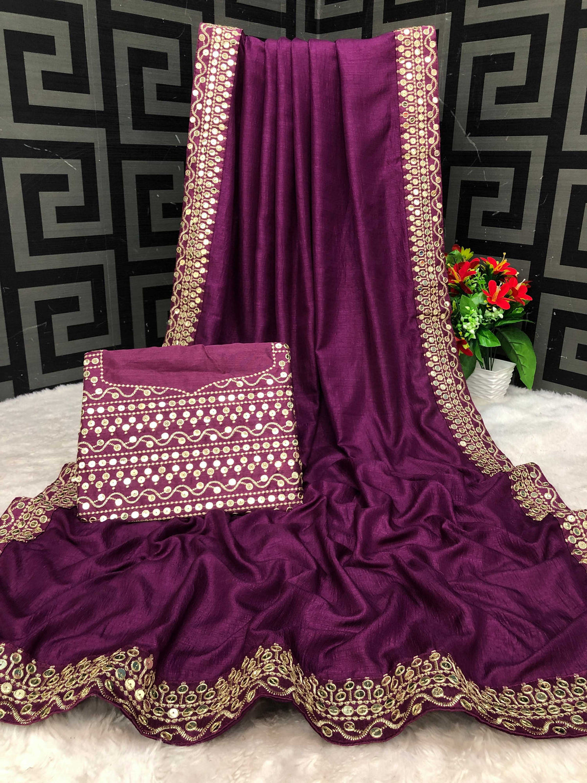 Vamika Purple Bengalori Silk Embroidery With Sequence Work Saree | Grocsy