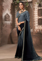 Vamika Grey Chinon Heavy Embroidery Mirror Kari Lace Work & Crush Saree | Grocsy