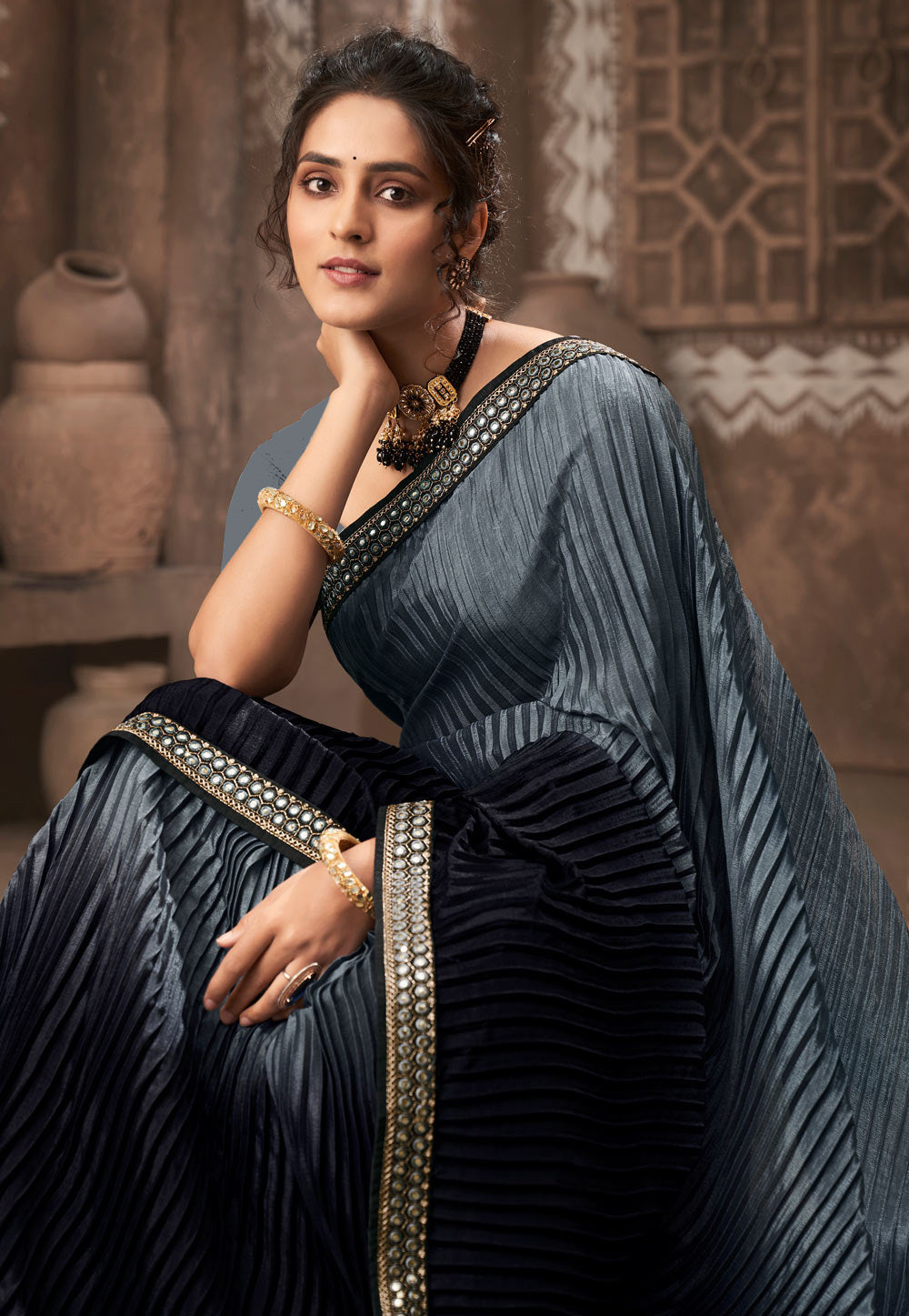 Vamika Grey Chinon Heavy Embroidery Mirror Kari Lace Work & Crush Saree | Grocsy