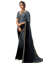 Vamika Grey Chinon Heavy Embroidery Mirror Kari Lace Work & Crush Saree | Grocsy