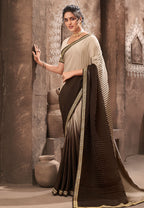 Vamika Beige Chinon Heavy Embroidery Mirror Kari Lace Work & Crush Saree | Grocsy