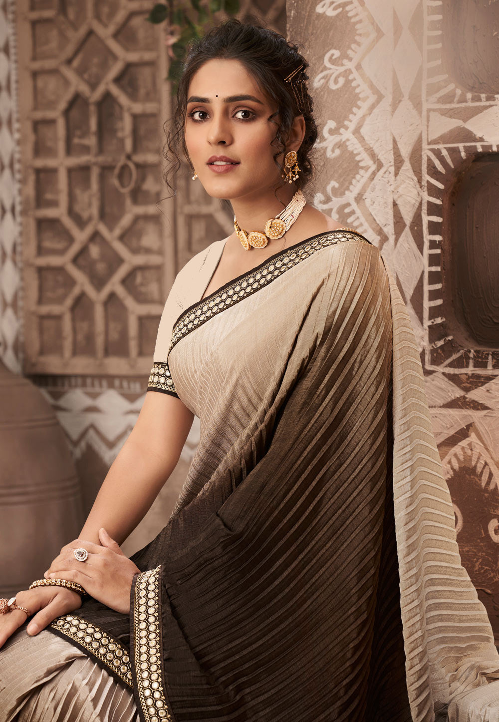 Vamika Beige Chinon Heavy Embroidery Mirror Kari Lace Work & Crush Saree | Grocsy