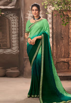 Vamika Light Green Chinon Heavy Embroidery Mirror Kari Lace Work & Crush Saree | Grocsy